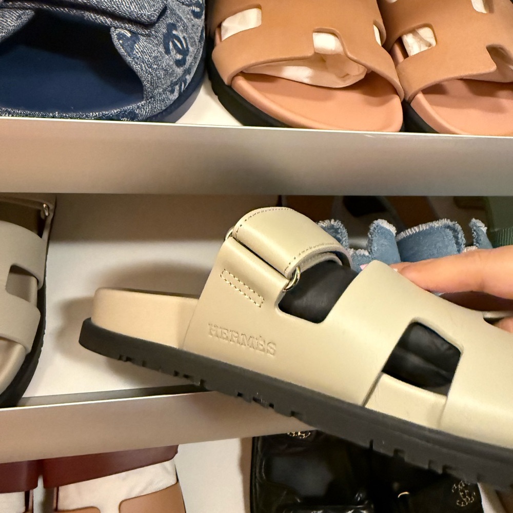 Hermes Cream and Black Sandals
